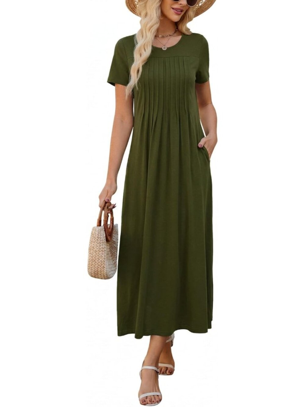 Women's Green Summer Casual Short Sleeve Crewneck Pleated Flowy Beach Maxi Dress